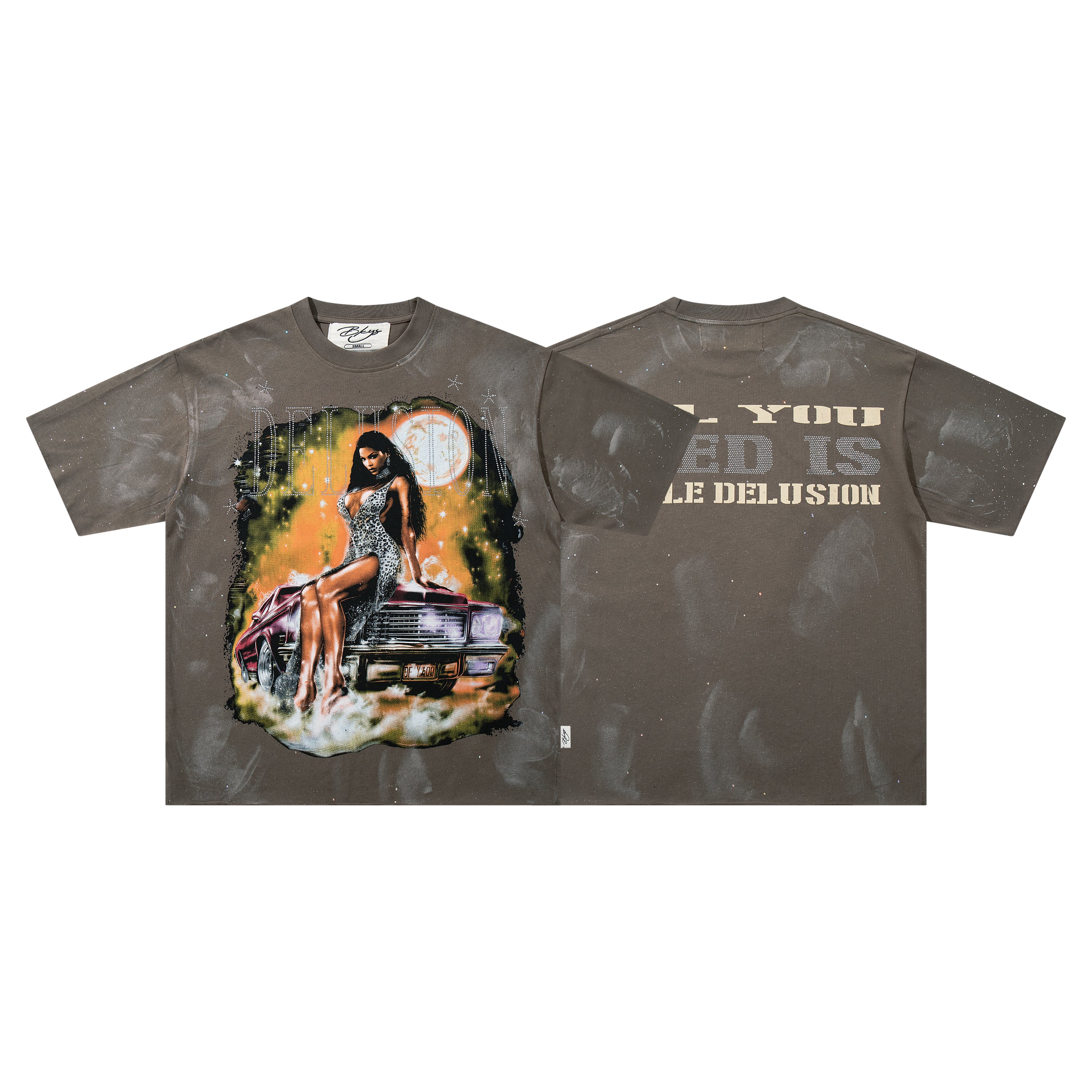 BKYS Moon Lady Classic Car Rhinestone Brown Oversized Graphic T-Shirt