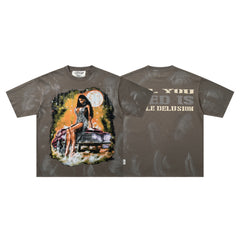 BKYS Moon Lady Classic Car Rhinestone Brown Oversized Graphic T-Shirt