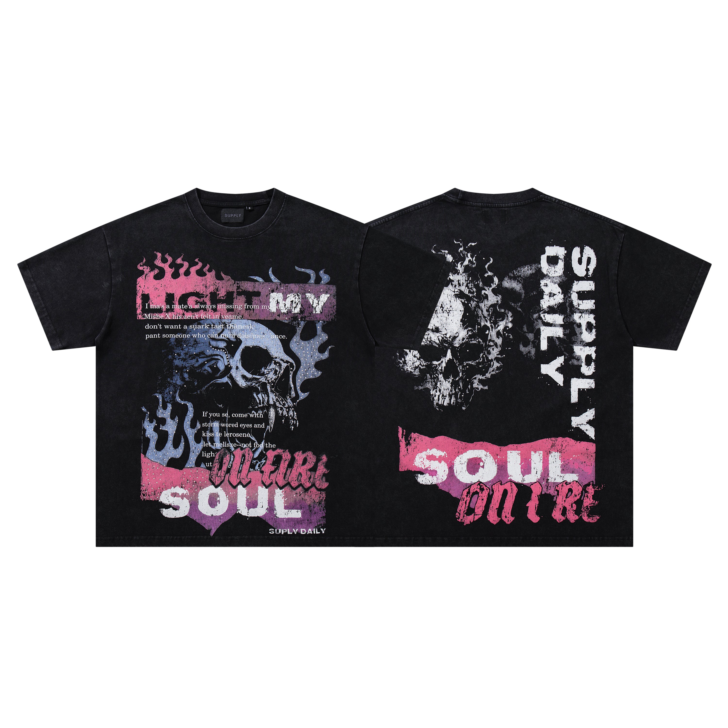 SUPPLY Soul On Fire Skull Black Washed Oversized Graphic T‑Shirt