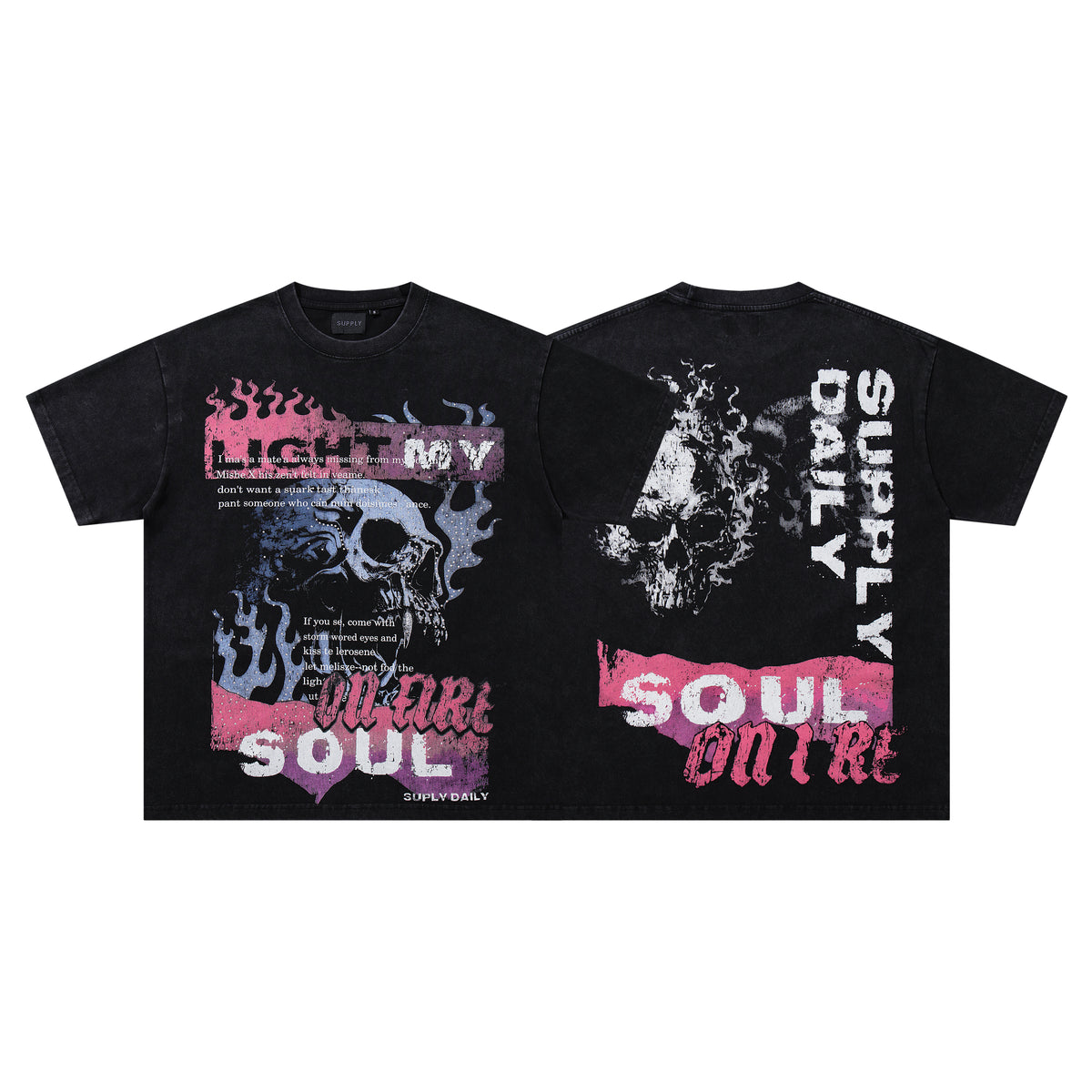 SUPPLY Soul On Fire Skull Black Washed Oversized Graphic T‑Shirt
