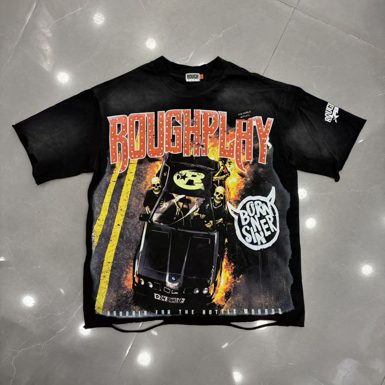 Roughplay Skeleton Fire Race Car Rock Graphic T‑Shirt