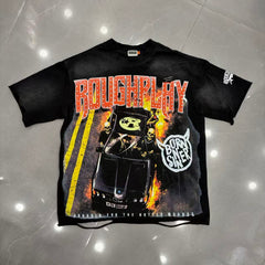 Roughplay Skeleton Fire Race Car Rock Graphic T‑Shirt