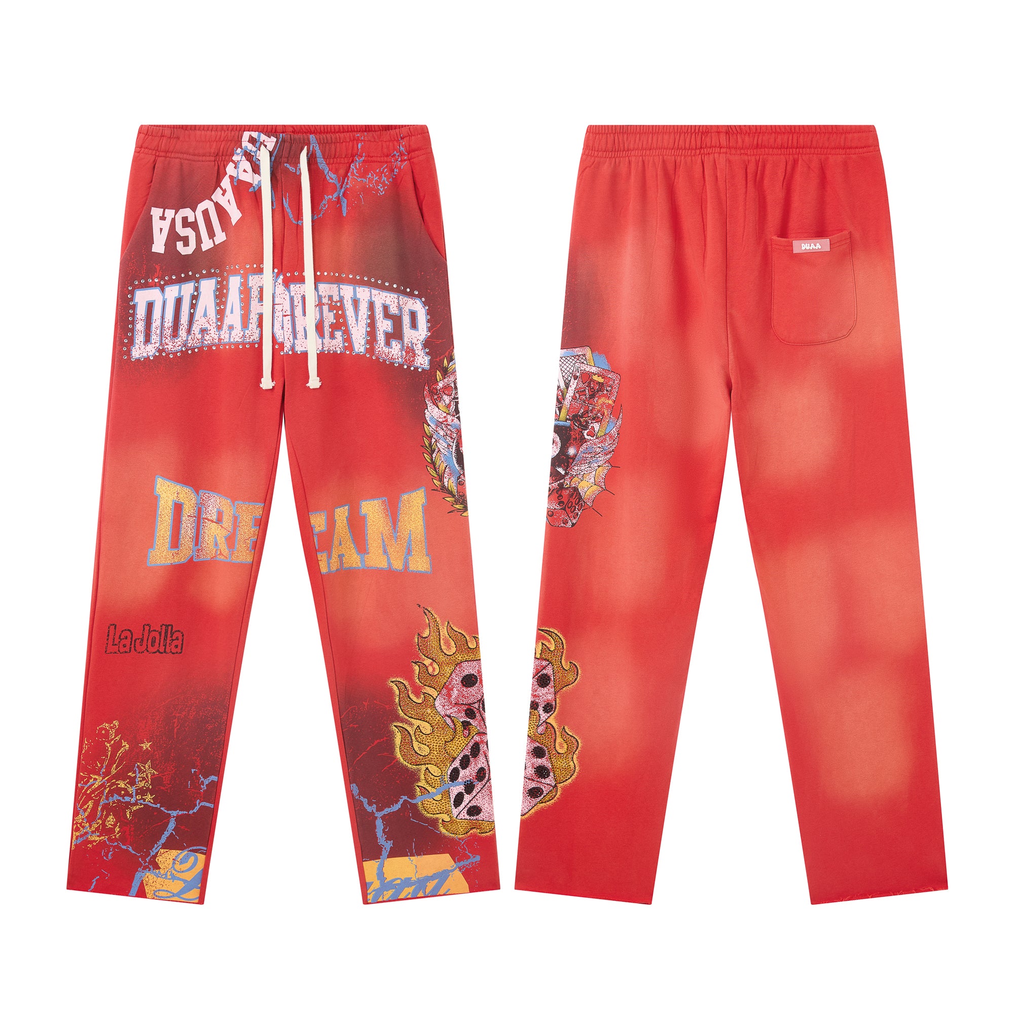DUAA Dice Flame Dream‑Camp Gradient Red Straight‑Leg Sweatpants