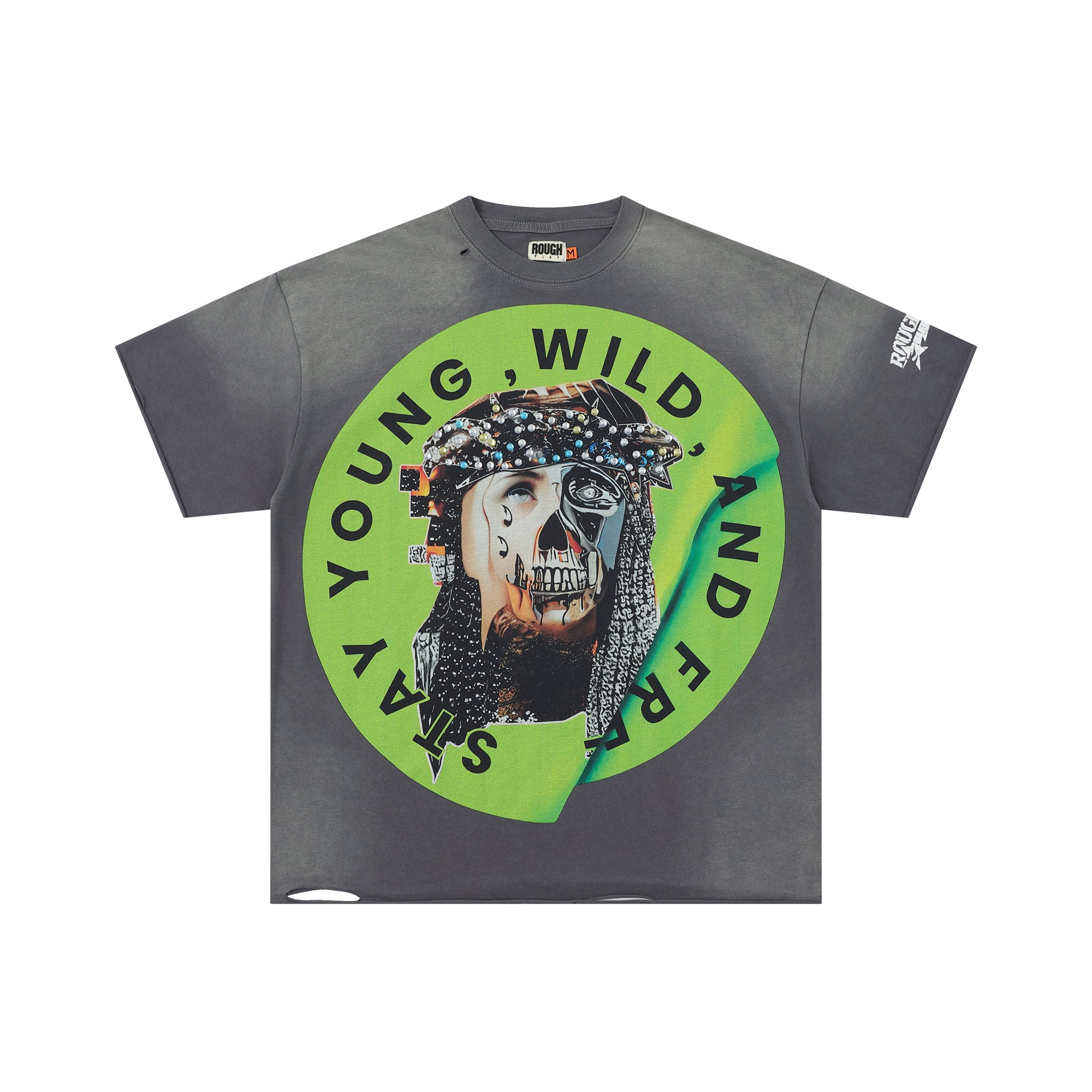 Roughplay Stay Young Wild Split Skull‑Portrait Circular Badge Distressed Tee