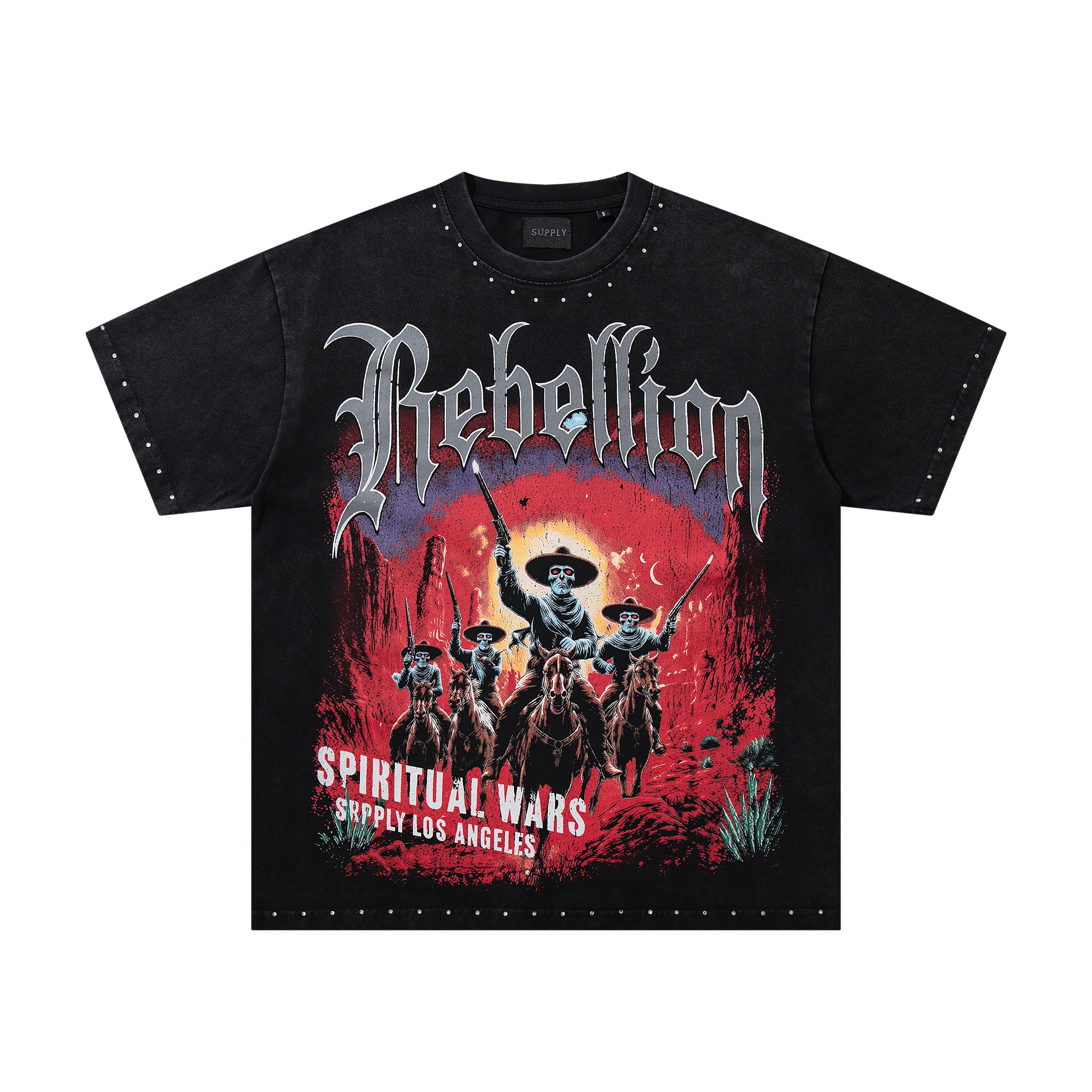 SUPPLY Rebellion Western Cowboy Black Washed Oversized Graphic T‑Shirt