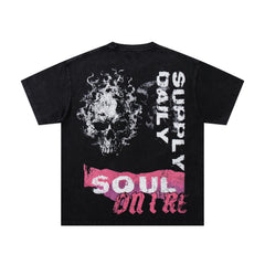 SUPPLY Soul On Fire Skull Black Washed Oversized Graphic T‑Shirt